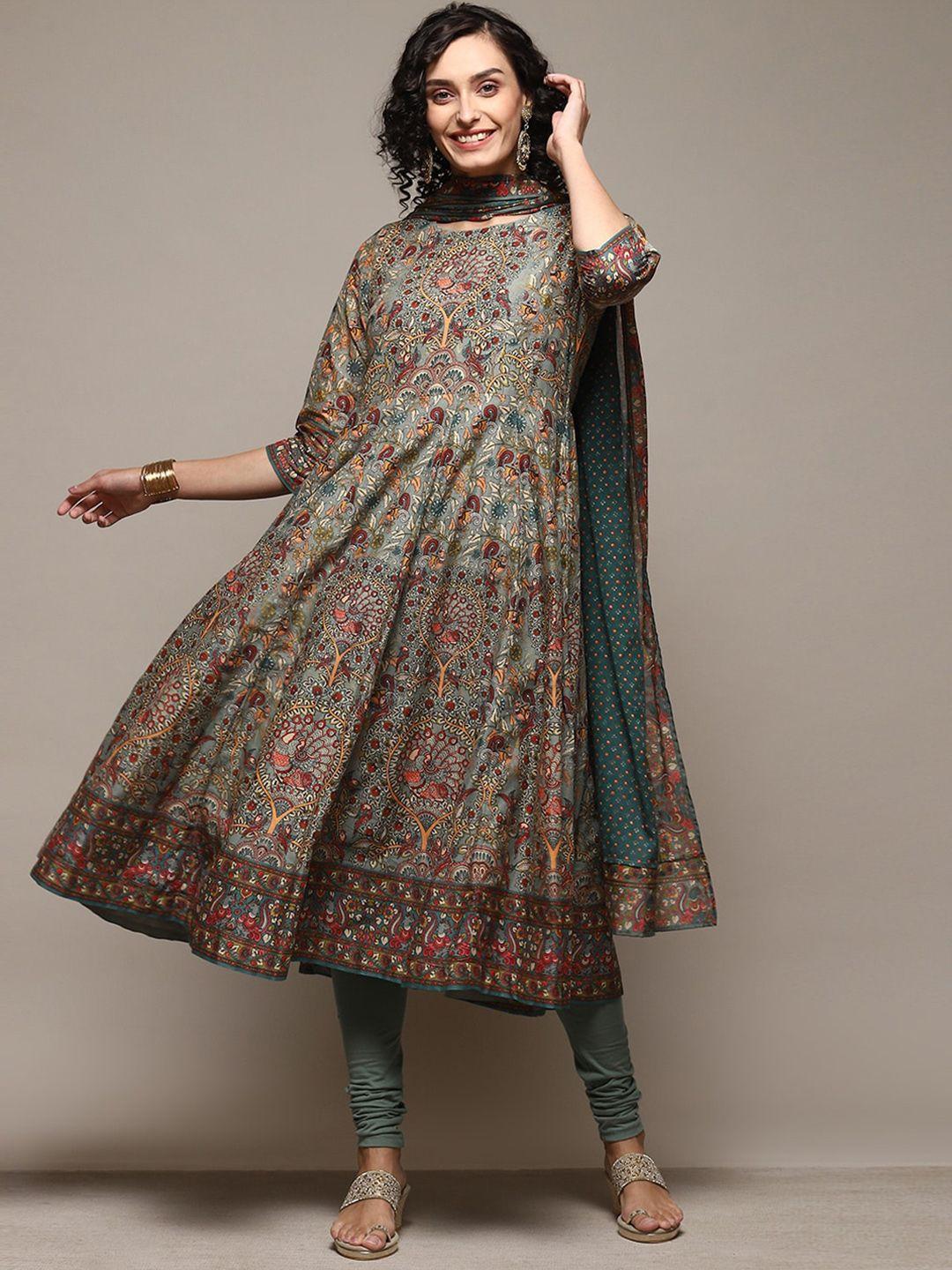 biba ethnic motifs printed pure cotton anarkali kurta & leggings with dupatta