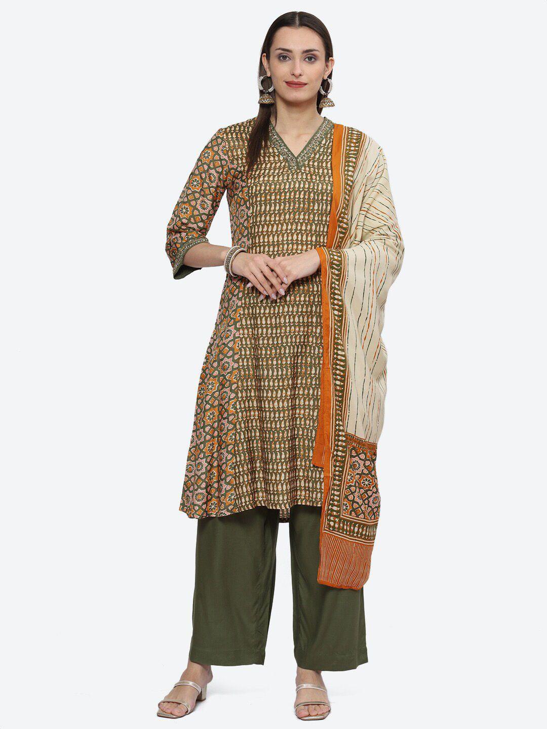 biba ethnic motifs printed sequined a-line kurta with palazzos & dupatta