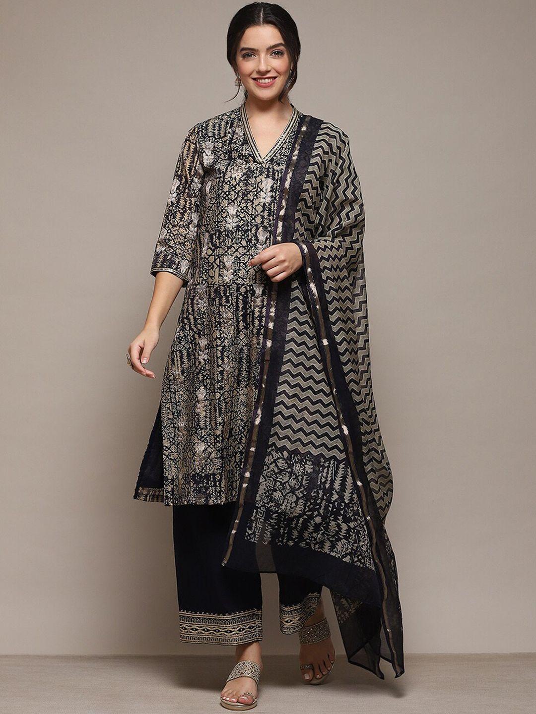 biba ethnic motifs printed straight kurta with palazzos & dupatta