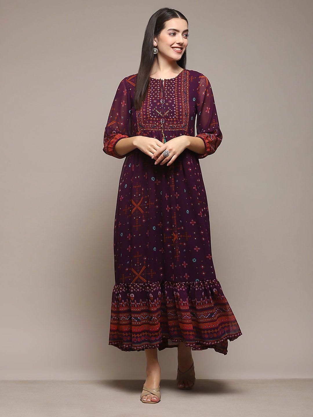 biba ethnic motifs printed tie-up neck sequinned detailed a-line midi ethnic dress