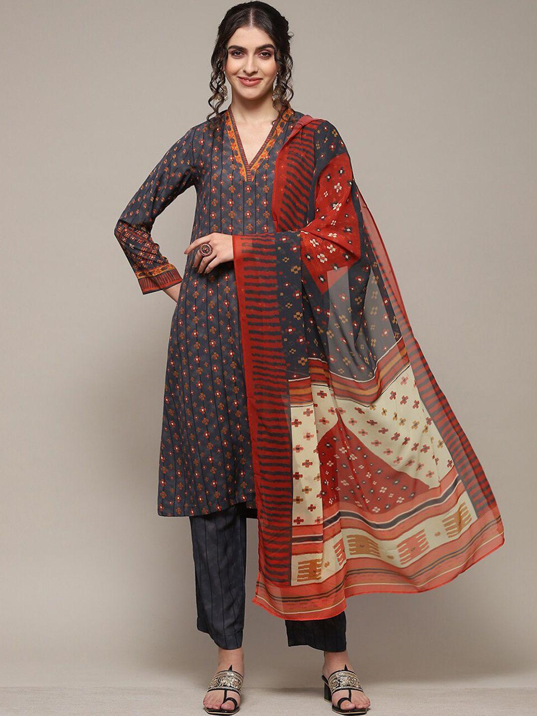 biba ethnic motifs printed v neck regular kurta with trousers & with dupatta