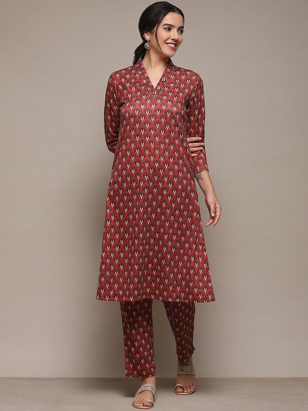 biba ethnic motifs printed v-neck straight kurta with trousers