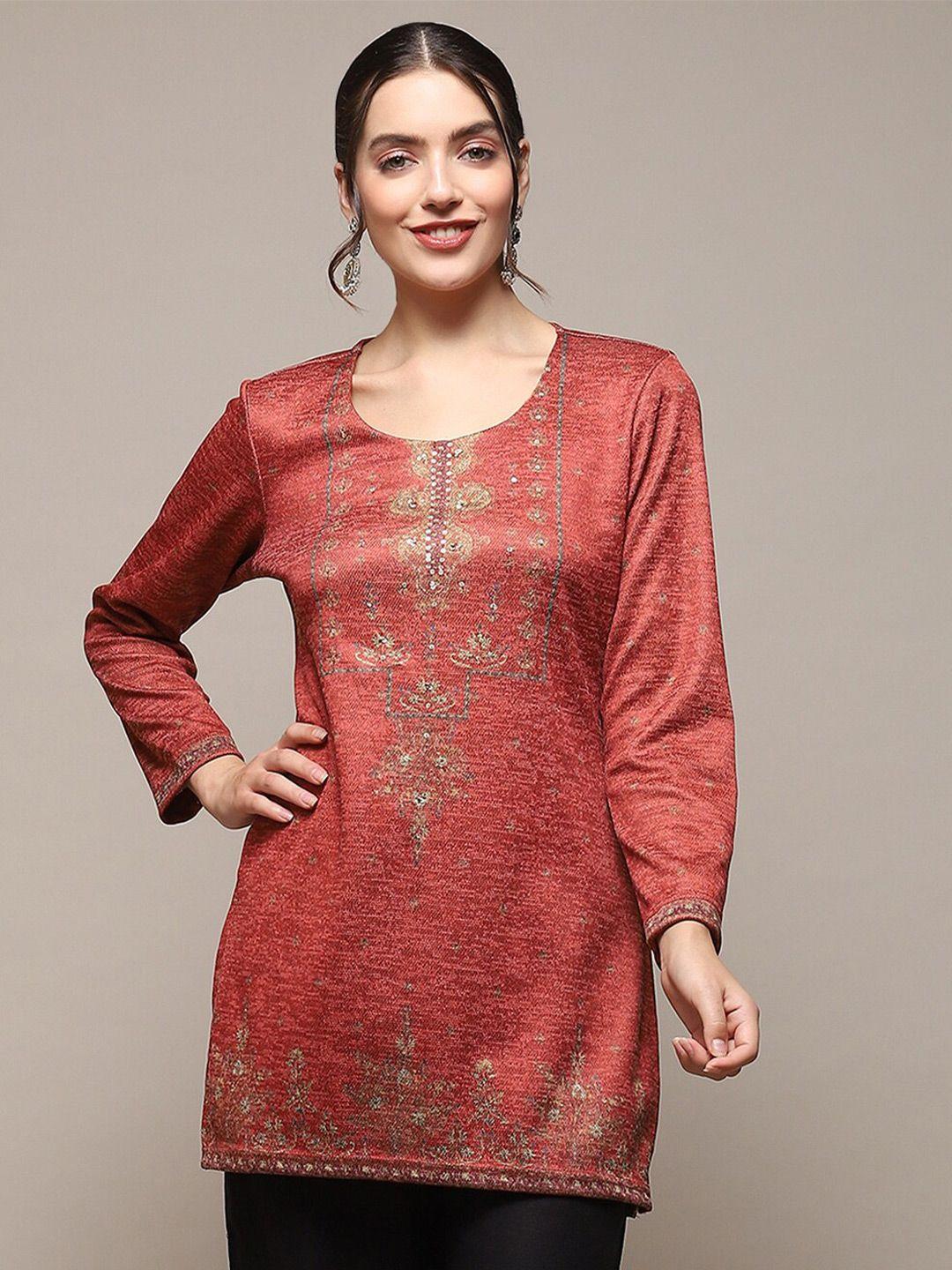 biba ethnic motifs self design knitted sequined straight kurti