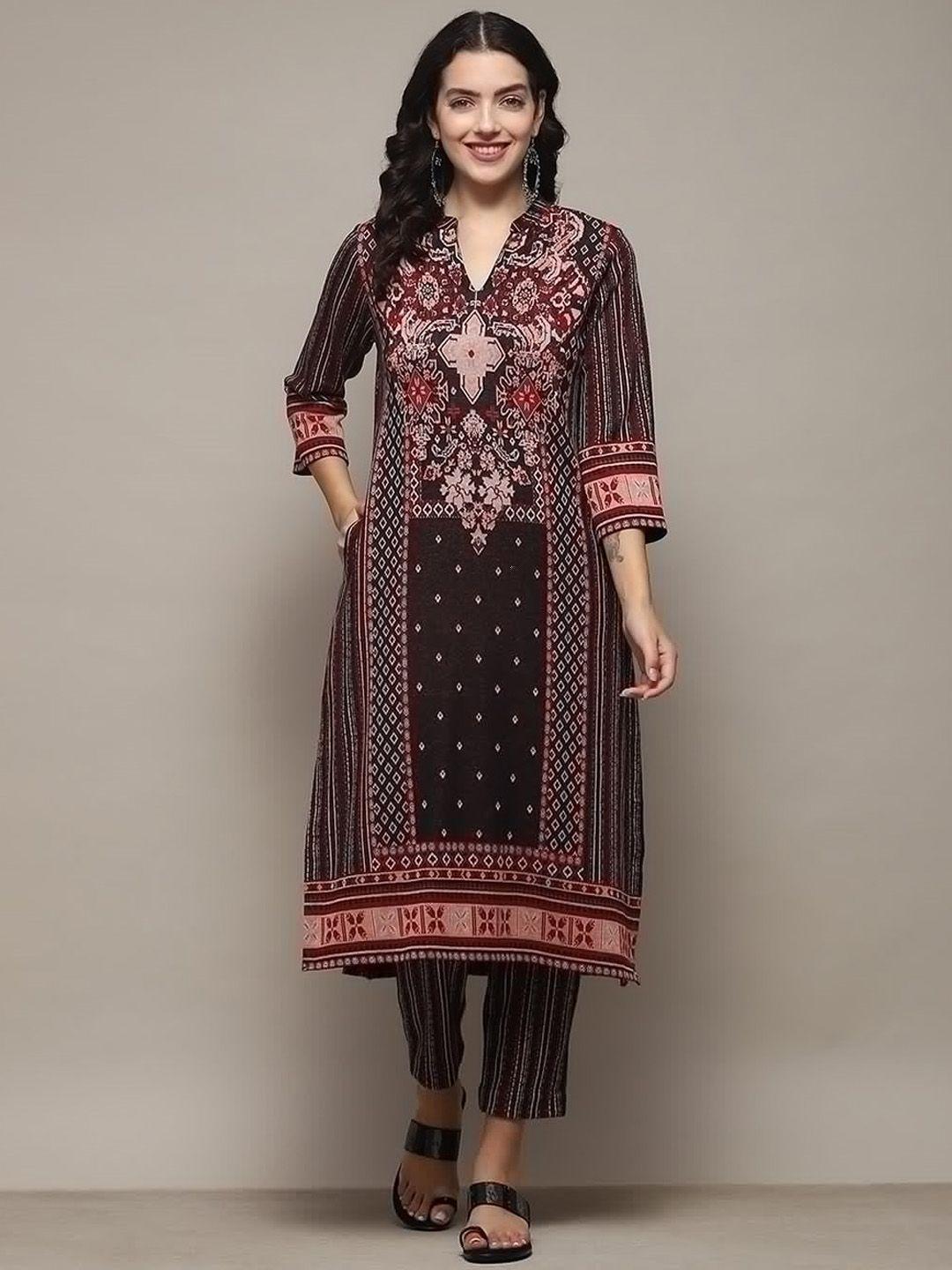 biba ethnic motifs self design mandarin collar straight kurta with trousers