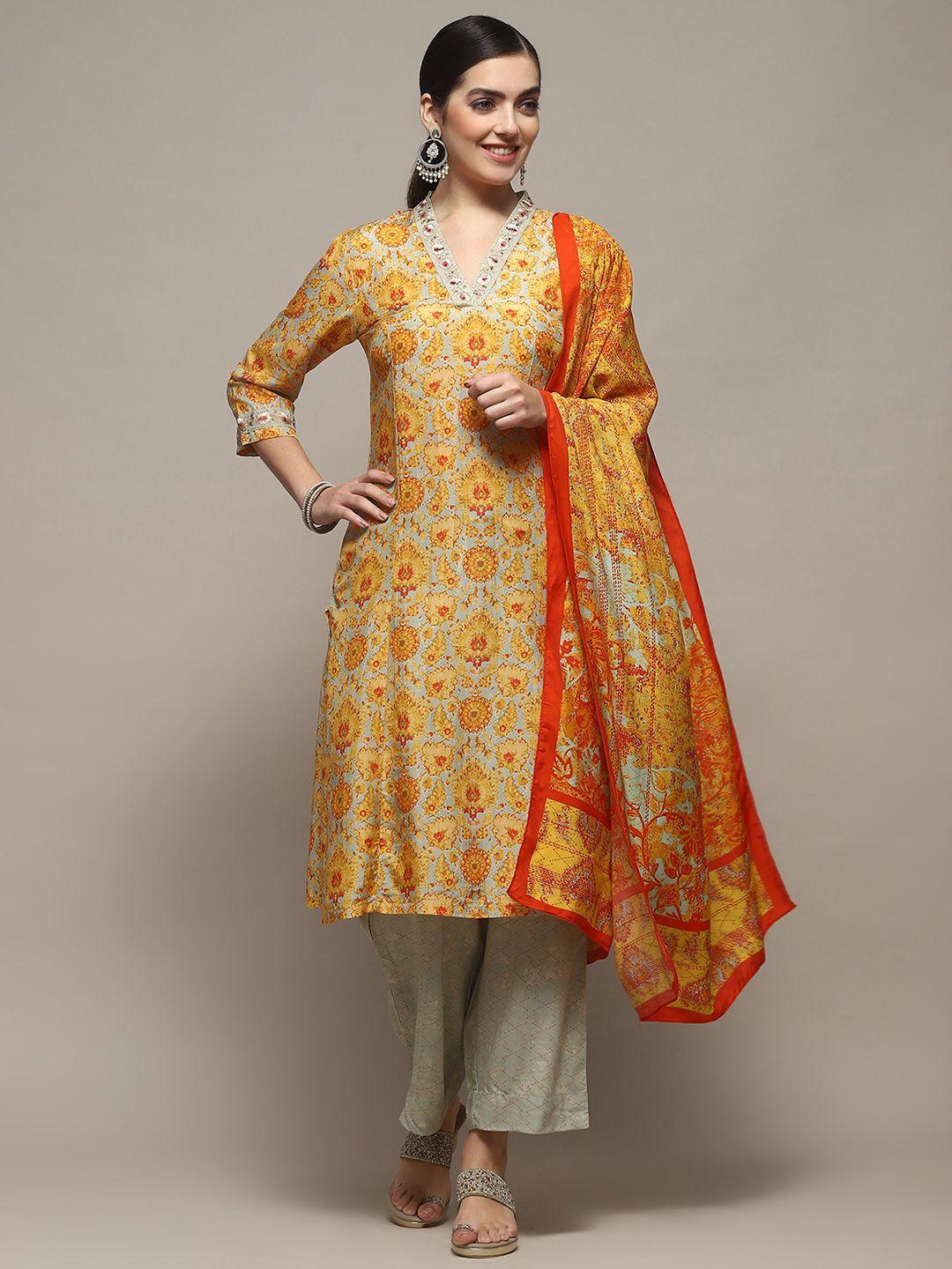 biba ethnic printed v neck regular kurta with palazzos & dupatta