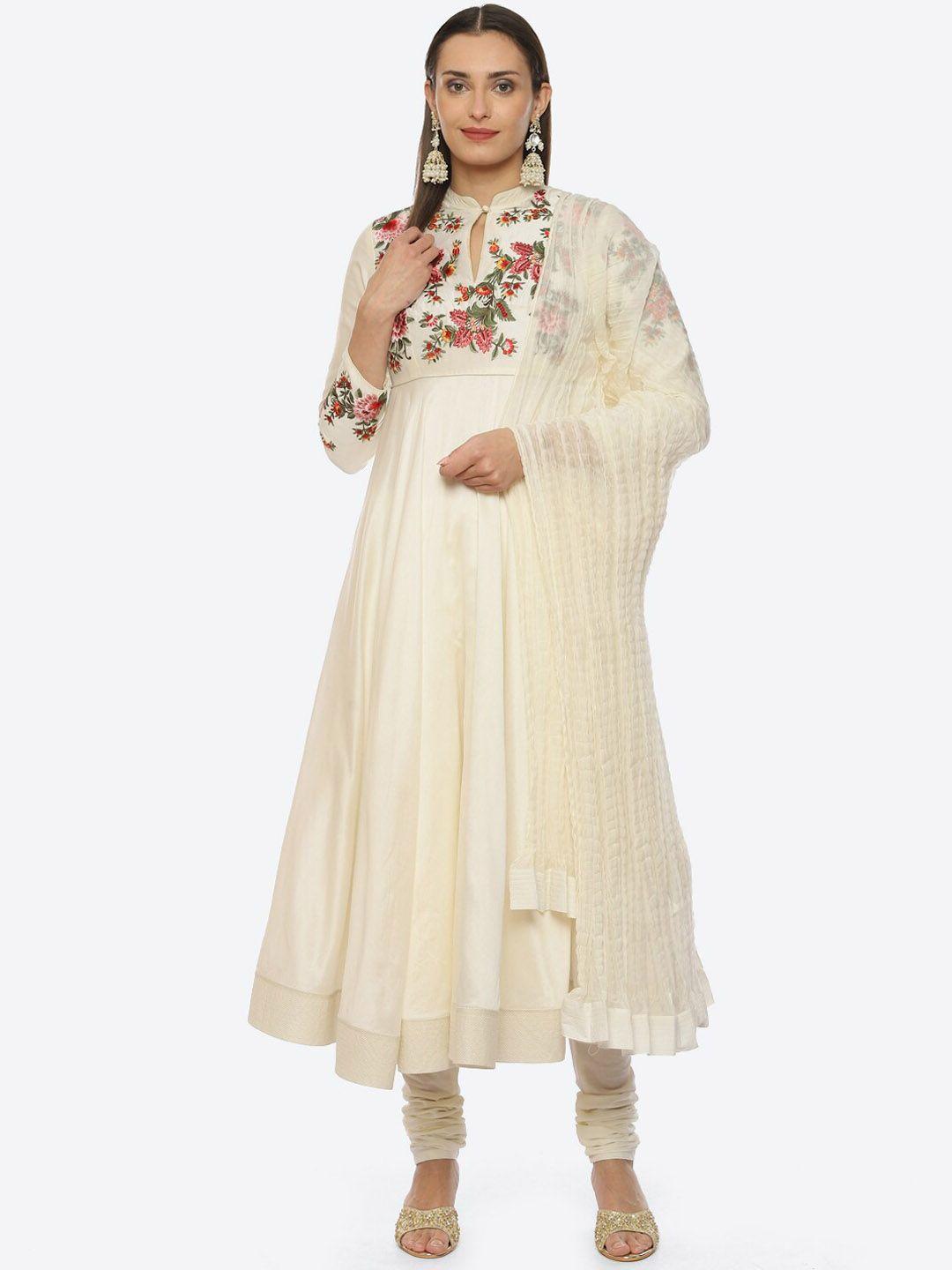 biba floral embroidered chanderi silk anarkali kurta with churidar & dupatta by rohit bal