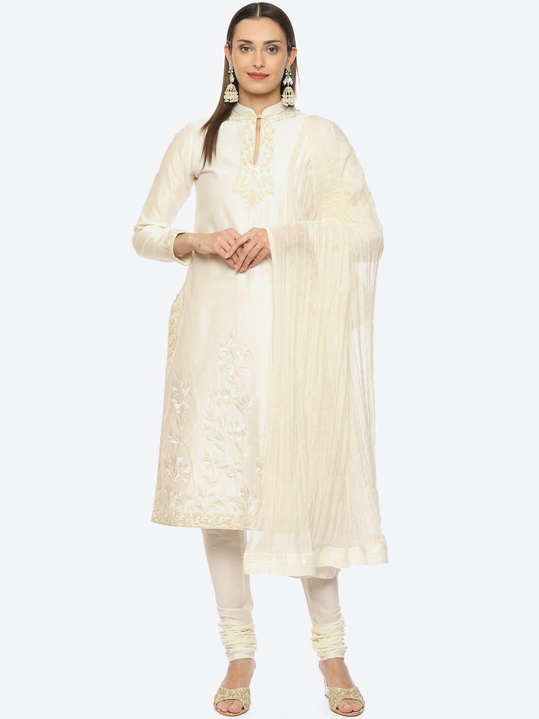 biba floral embroidered chanderi silk kurta with churidar & dupatta