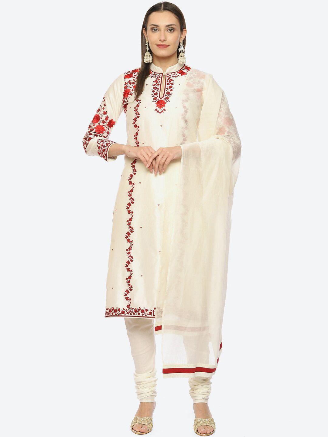 biba floral embroidered chanderi silk kurta with churidar & dupatta