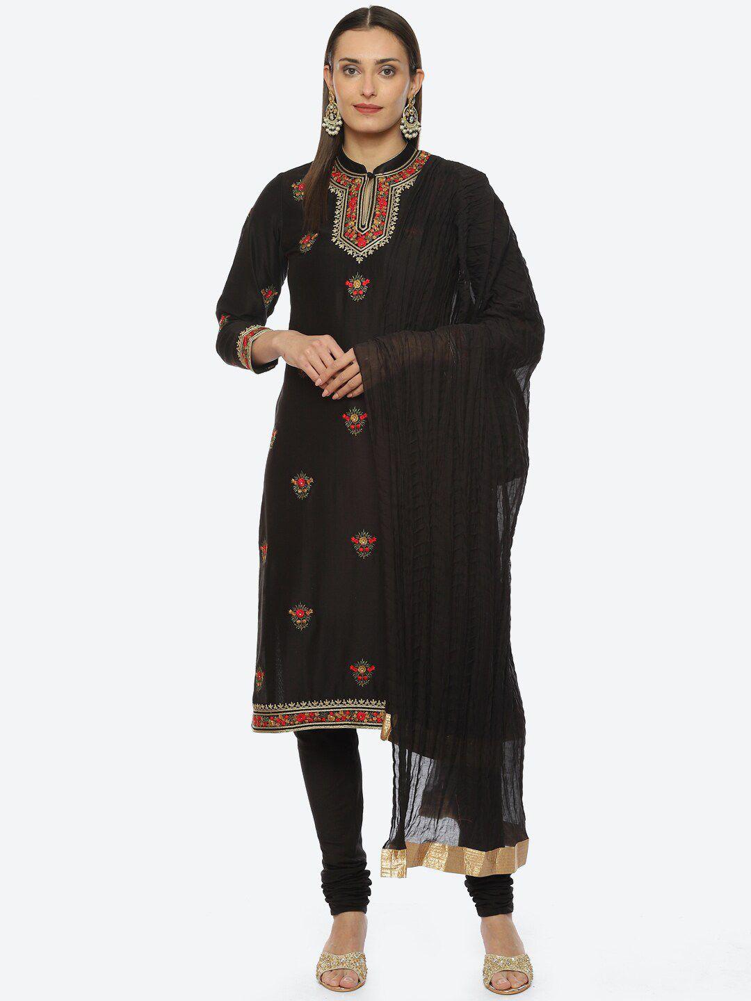 biba floral embroidered chanderi silk kurta with churidar & dupatta