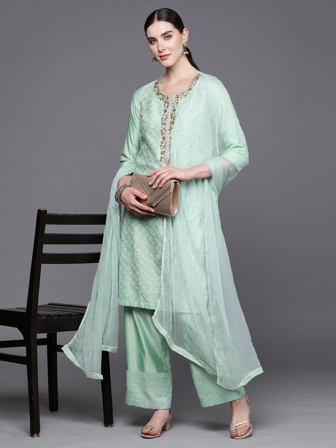 biba floral embroidered regular sequinned kurta with palazzos & with dupatta