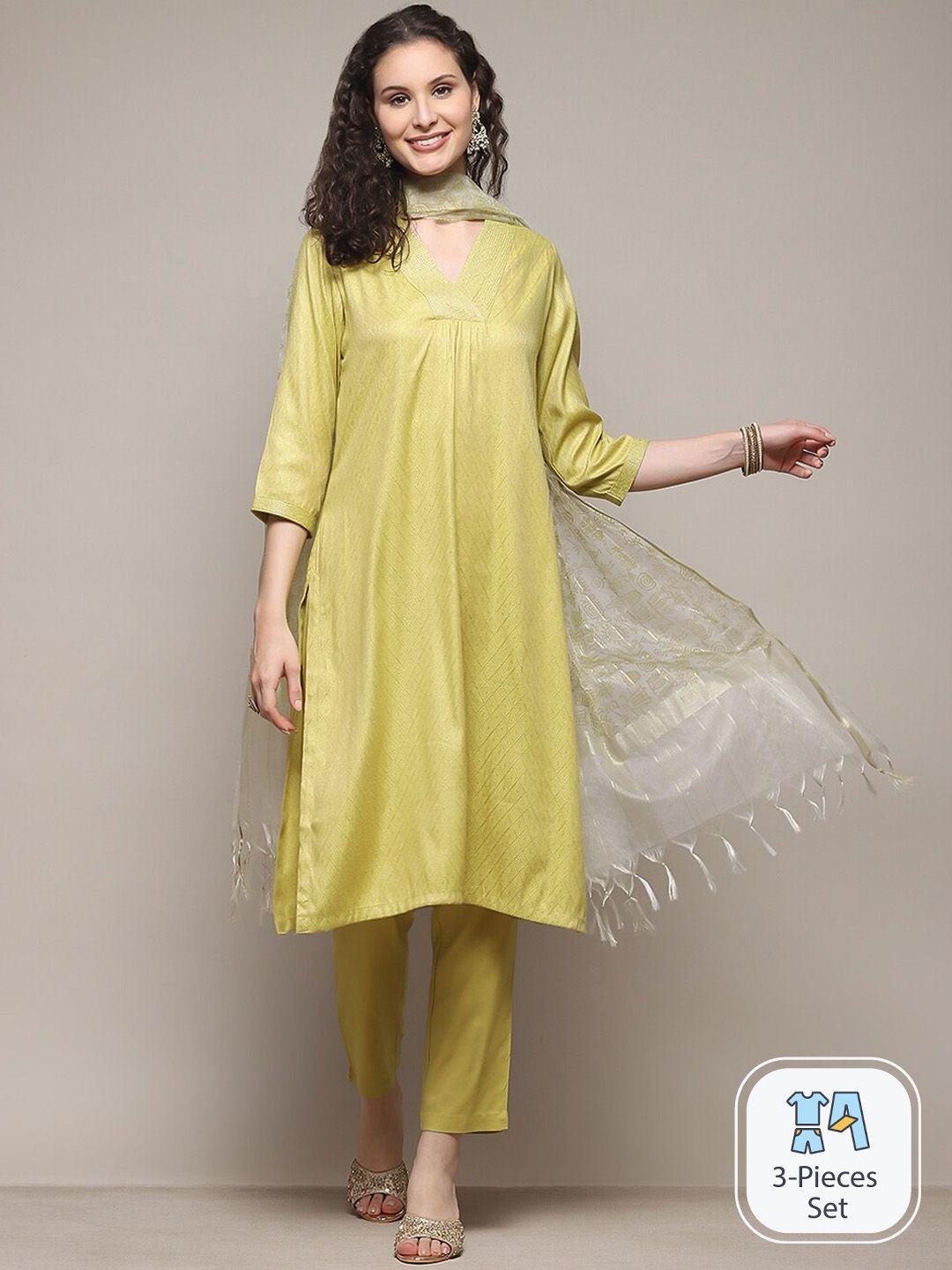 biba floral embroidered straight kurta & trousers with dupatta