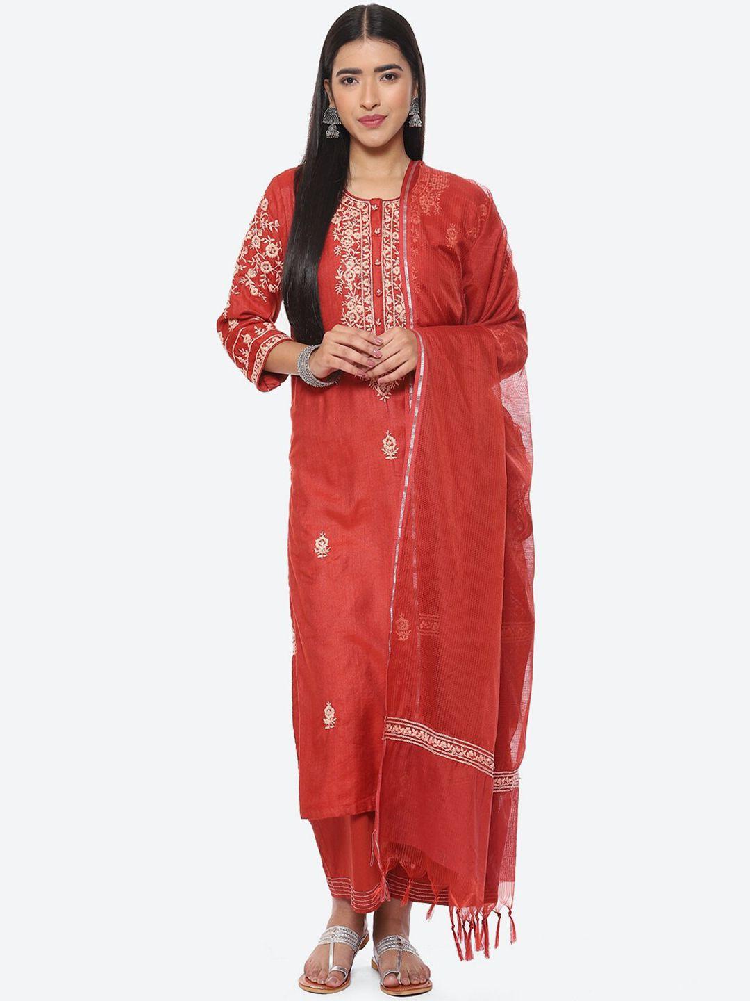 biba floral embroidered straight kurta with palazzos & dupatta