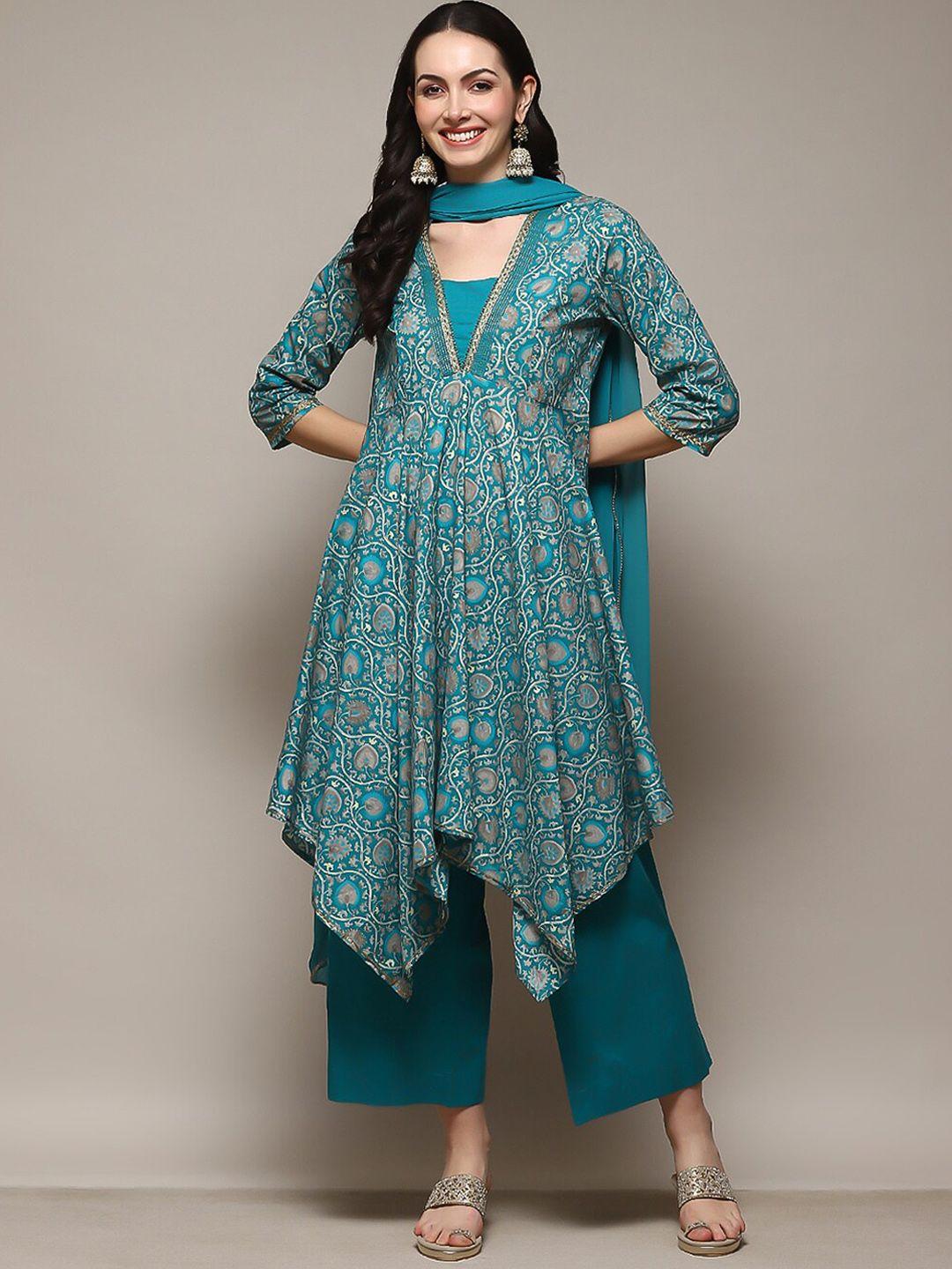 biba floral printed beads & stones asymmetric empire kurta with palazzos & dupatta