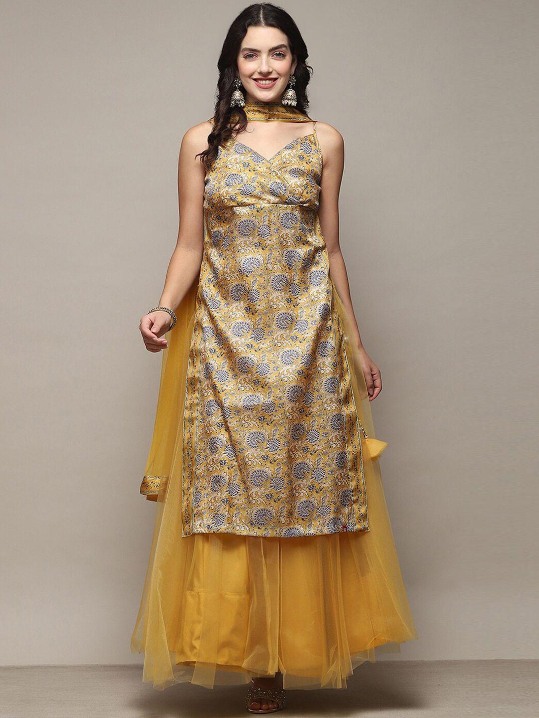 biba floral printed empire kurta with skirt & dupatta