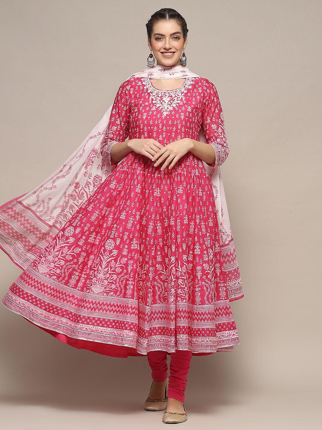 biba floral printed empire thread work pure cotton kurta with churidar & dupatta
