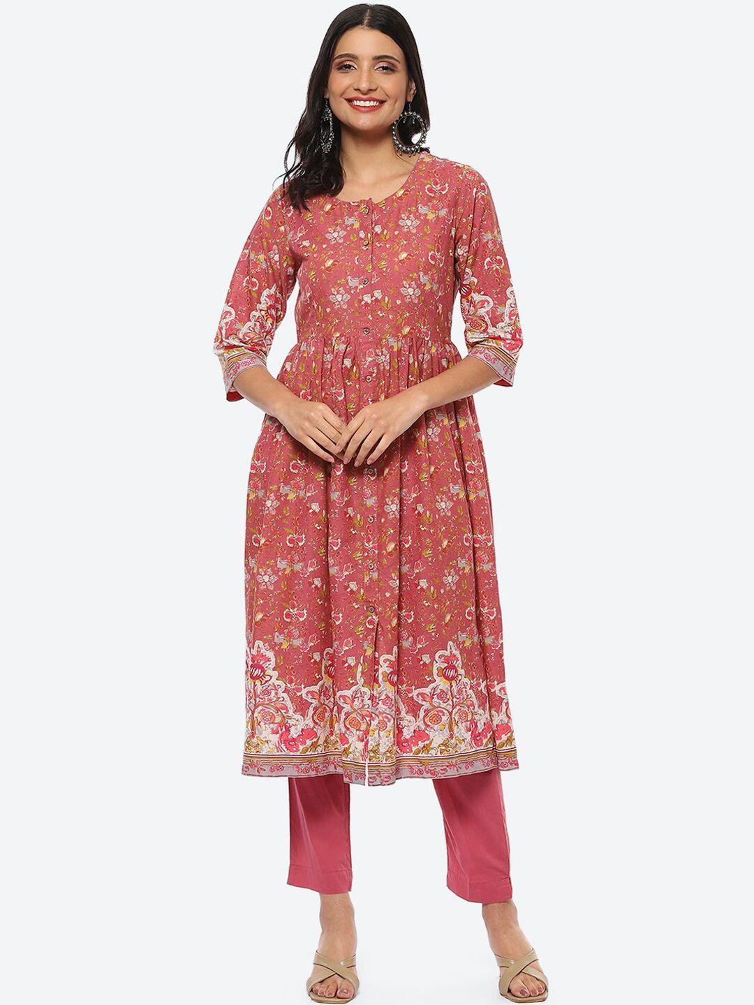 biba floral printed pleated a-line pure cotton kurta with trousers