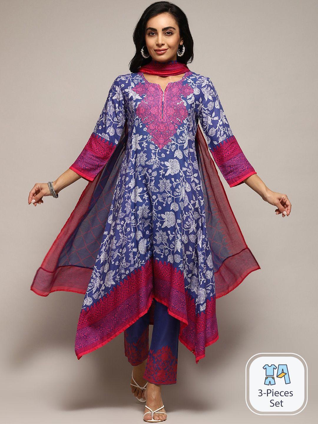 biba floral printed pure cotton indigo a-line kurta & trousers with dupatta