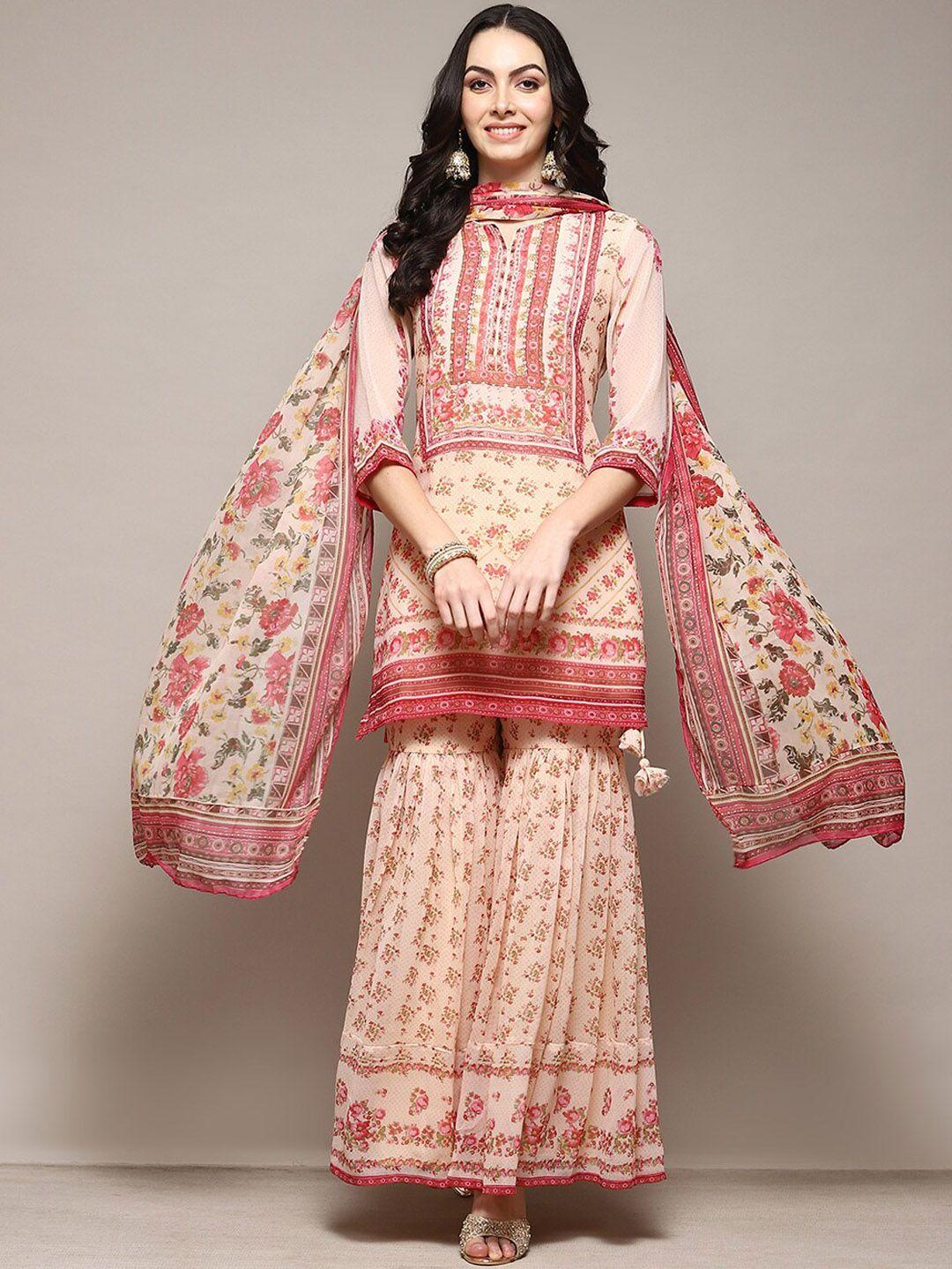 biba floral printed sequinned detailed straight kurta & sharara with dupatta