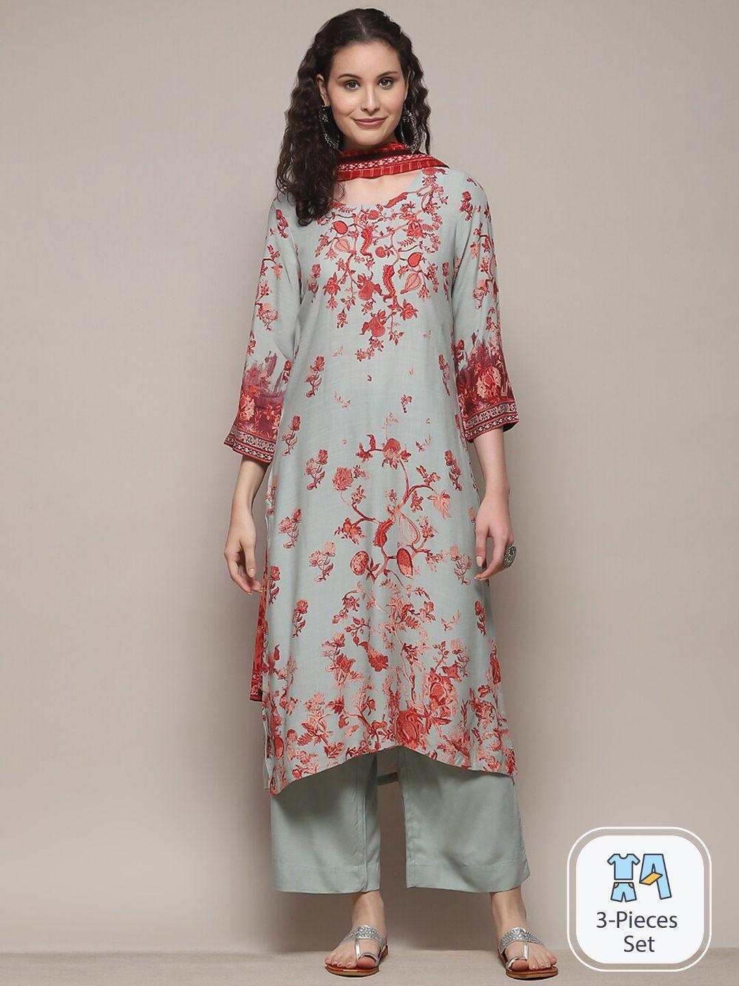 biba floral printed straight kurta with palazzos & dupatta