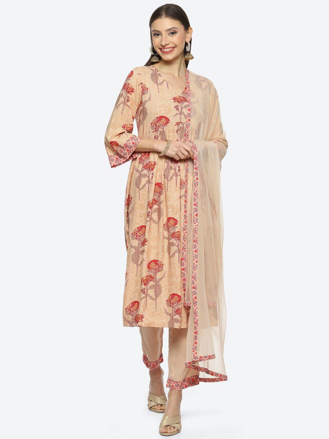 biba floral printed v-neck a-line kurta with trousers & with dupatta