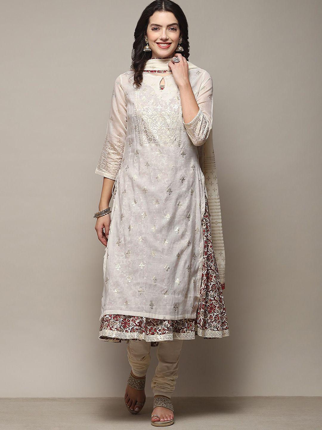 biba floral woven design a-line kurta with churidar & with dupatta