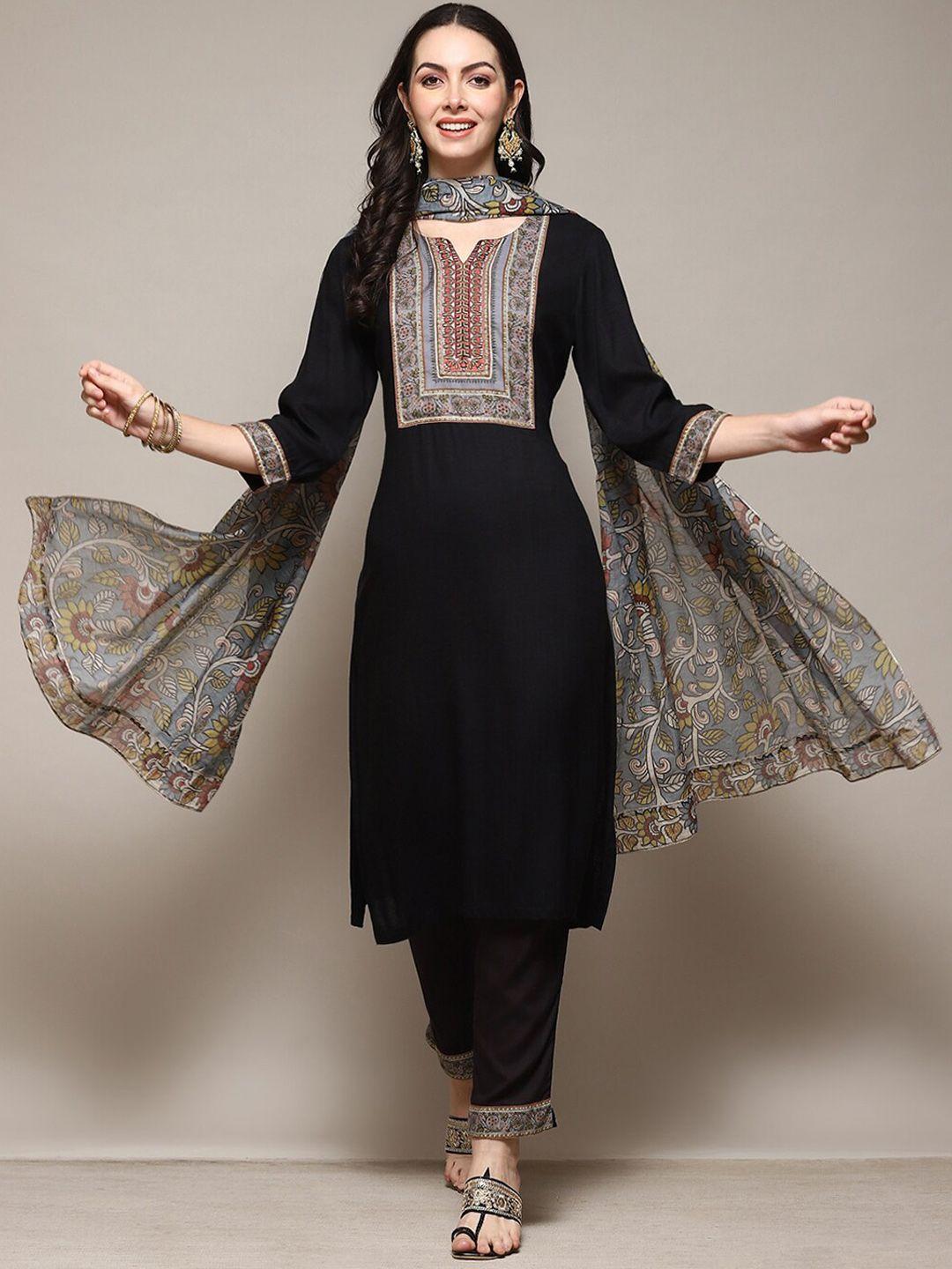 biba floral yoke design thread work straight kurta with trousers and dupatta