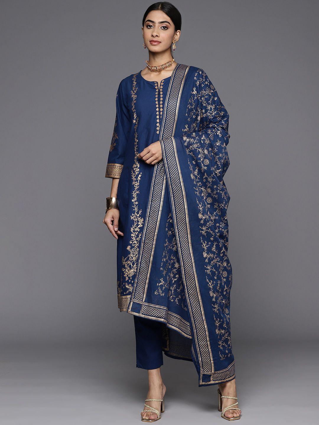 biba foil print pure cotton kurta with trousers & dupatta