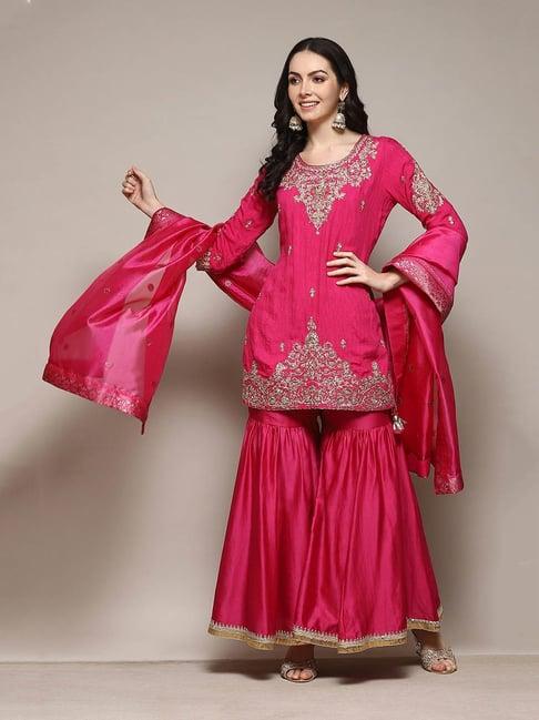 biba fuchsia embroidered kurta with sharara & dupatta