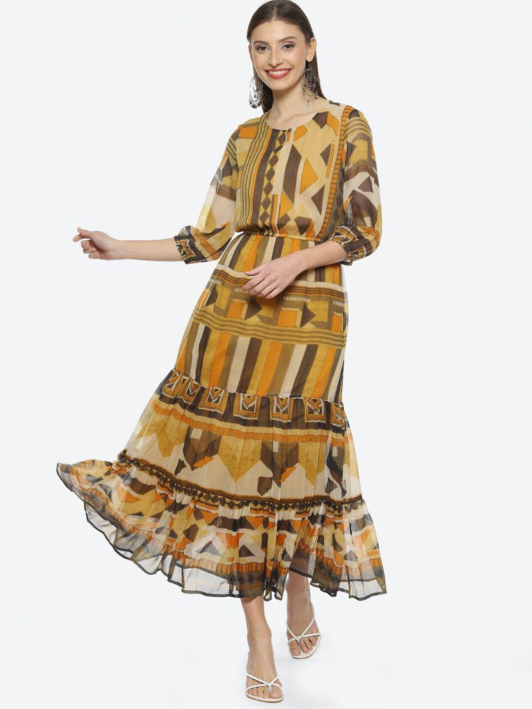 biba geometric printed round neck a-line midi dress