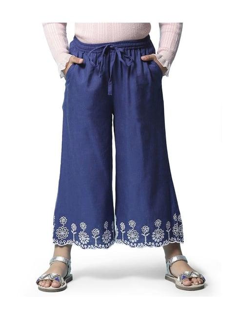 biba girls blue cotton embroidered pants