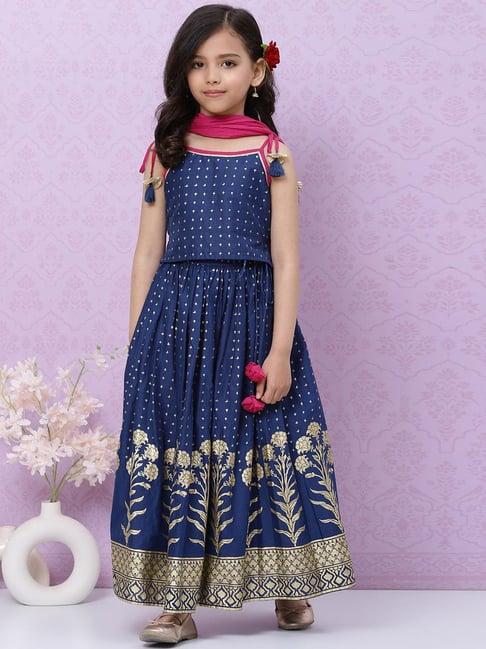 biba girls blue cotton printed lehenga choli