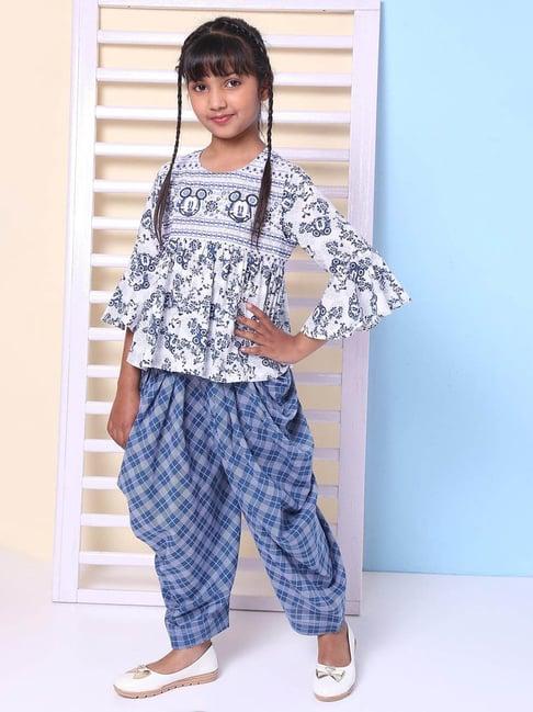 biba girls white and blue printed top with dhoti