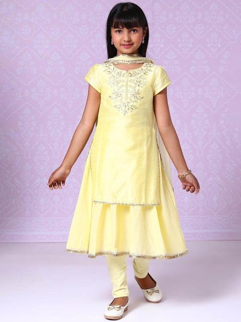 biba girls yellow embroidered anarkali, leggings and dupatta