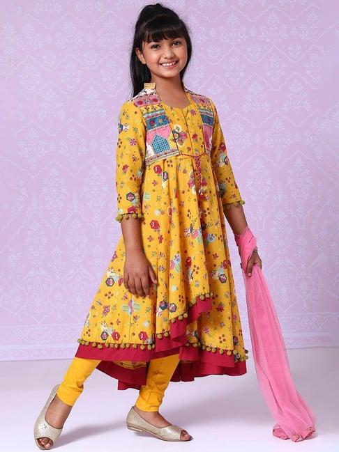 biba girls yellow printed anarkali, leggings and dupatta