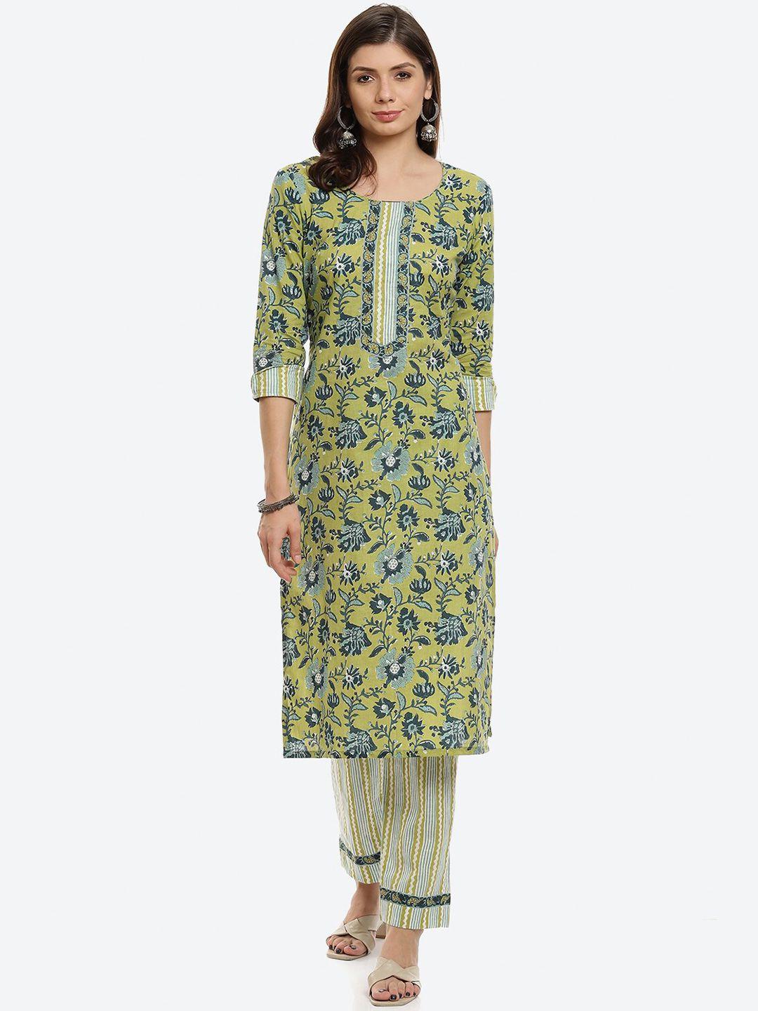 biba green & blue printed pure cotton unstitched dress material