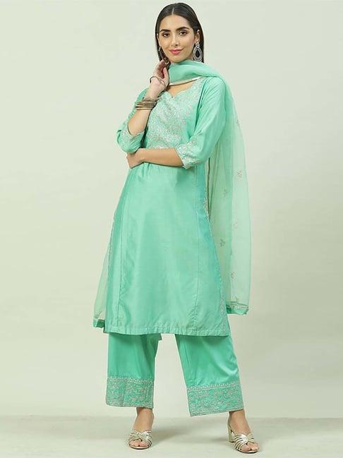 biba green cotton embroidered kurta palazzo set with dupatta & potli bag