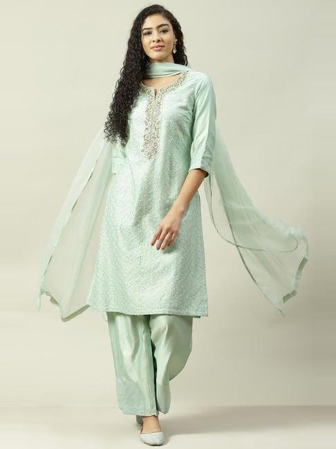 biba green cotton embroidered kurta palazzo set with dupatta