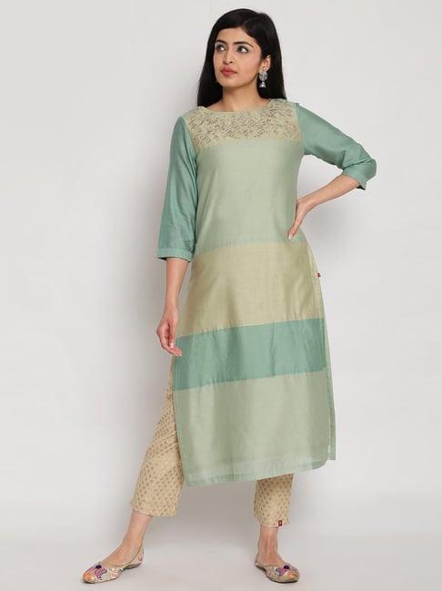 biba green cotton embroidered straight kurta