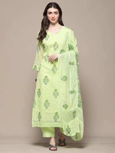 biba green cotton embroidered unstitched dress material