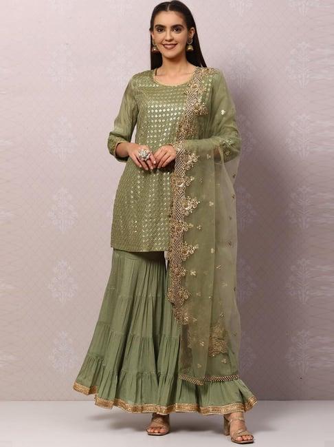 biba green embellished kurta garara set with dupatta