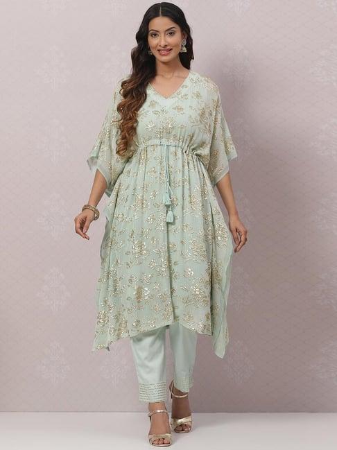 biba green embroidered kurta pant set