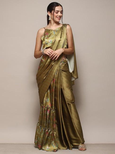 biba green printed ready to wear saree with blouse
