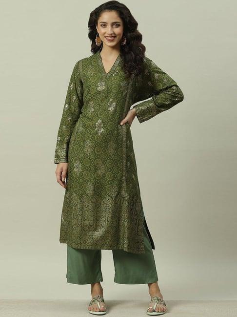 biba green printed straight kurta