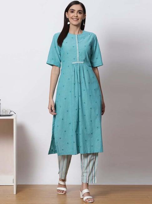 biba green striped kurta pant set