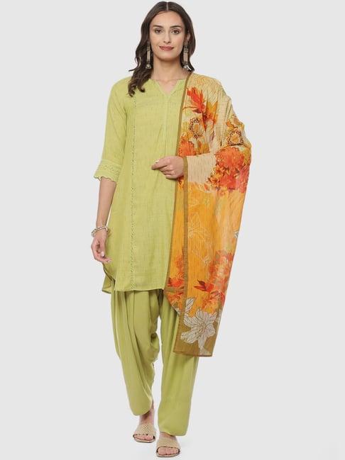 biba green woven pattern kurta salwar set with dupatta