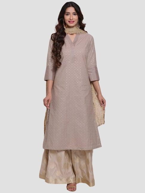 biba grey & beige printed kurta palazzo set with dupatta