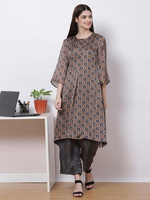 biba grey & khaki printed kurta palazzo set