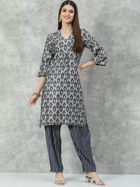 biba grey & navy printed kurta pant set