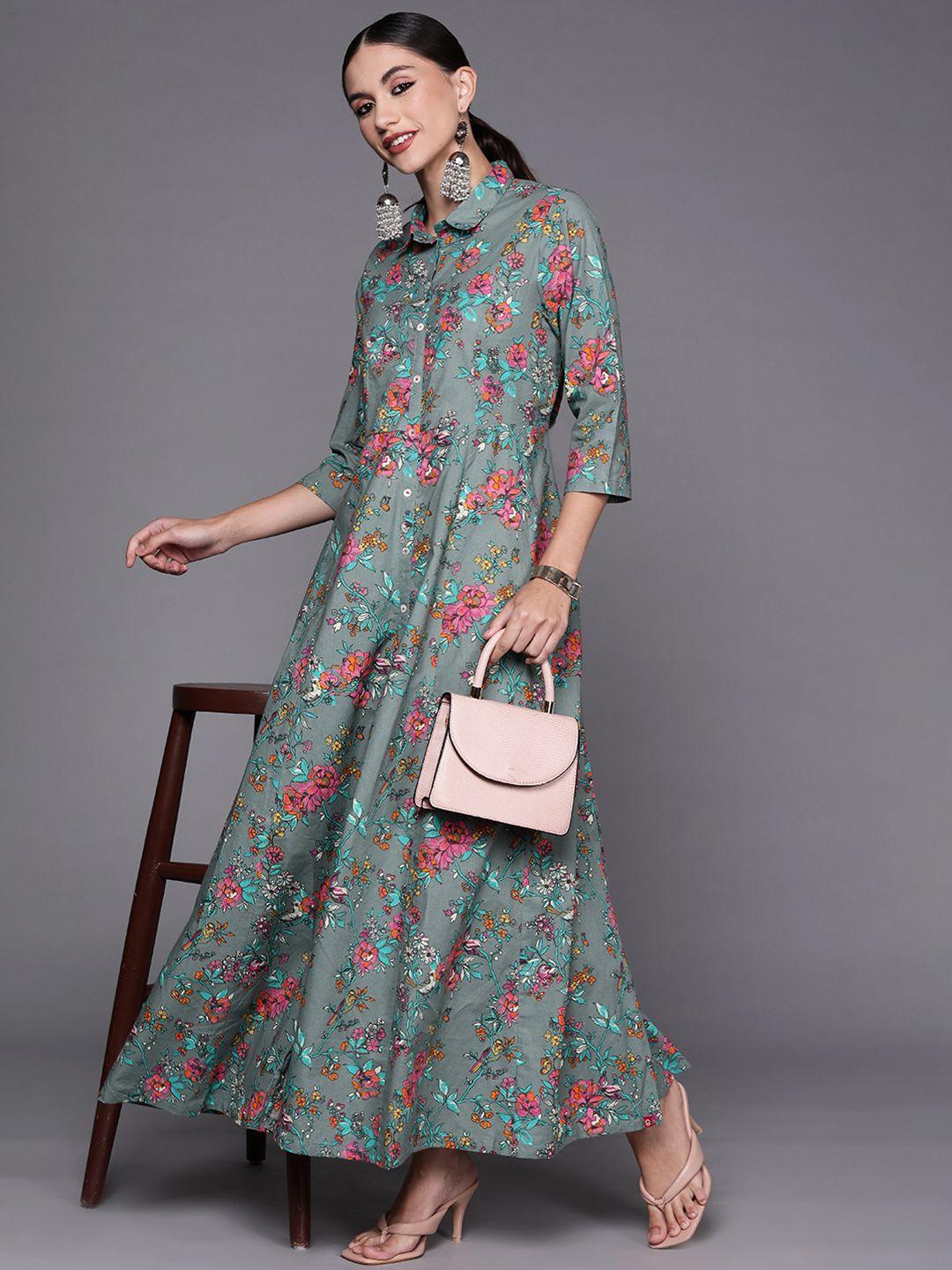 biba grey & pink pure cotton floral printed shirt style maxi dress