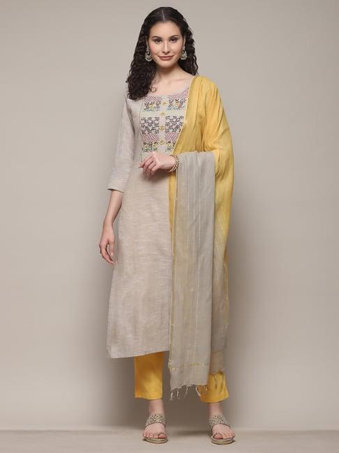 biba grey & yellow cotton embroidered unstitched dress material